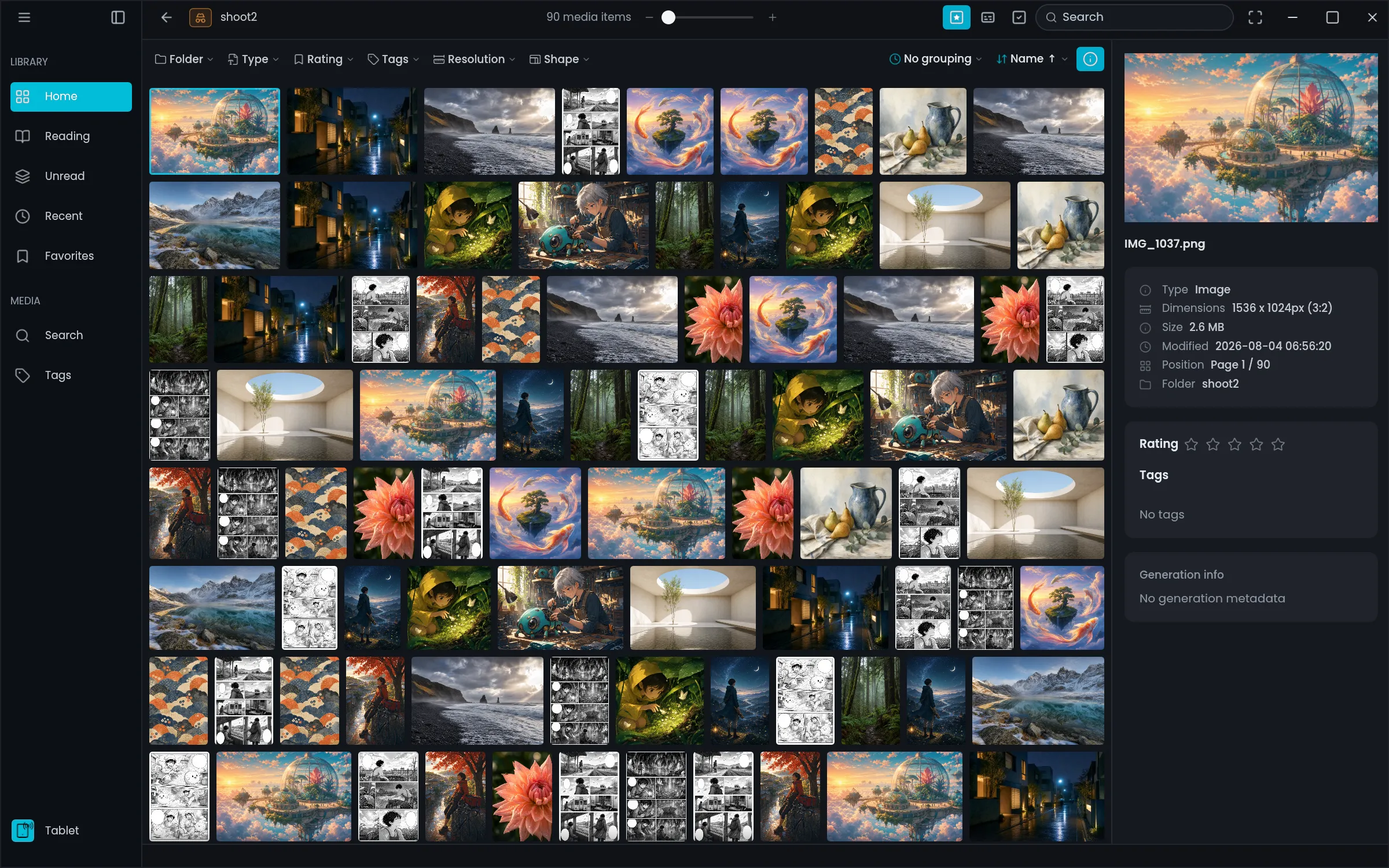 Mekurio's grid view — mixed-size images arranged in an adaptive grid