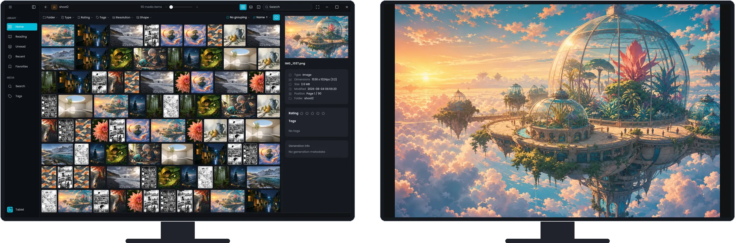Mekurio on two displays — the image picked in the grid on the left screen is shown large in the synced viewer on the right screen